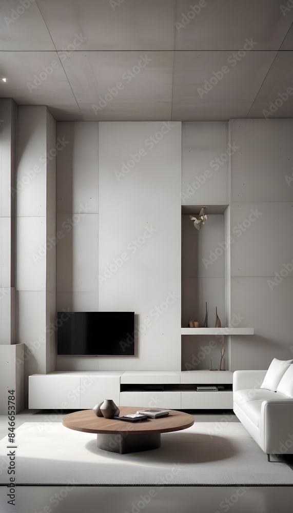 Wall mural High end modern living room with white leather couch and a large flat screen tv mounted on the wall, brutalist architecture mixed with modern futuristic minimal design