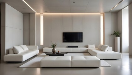 High end modern living room with white leather couch and a large flat screen tv mounted on the wall, brutalist architecture mixed with modern futuristic minimal design