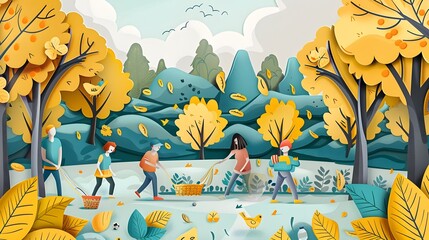 Minimal Paper Cut Family Cleaning Up Litter in Autumn Nature Park