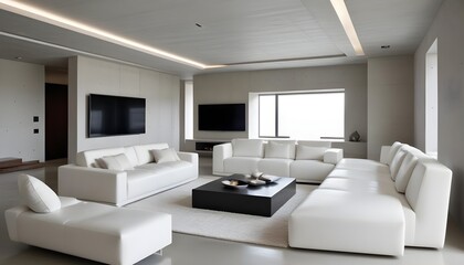 Fototapeta premium High end modern living room with white leather couch and a large flat screen tv mounted on the wall, brutalist architecture mixed with modern futuristic minimal design