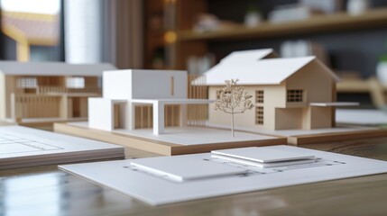 Professional Real Estate Agent Marketing Display with Blank Business Cards House Models and Blueprints on Elegant Table Promotional Materials for Property Sales and Listings