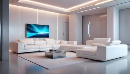 High end modern living room with white leather couch and a large flat screen tv mounted on the wall, brutalist architecture mixed with modern futuristic minimal design