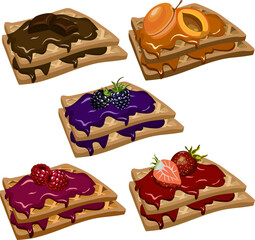 Waffles with jam and berries.Vector set of waffles with jam, berries and chocolate on a transparent background.