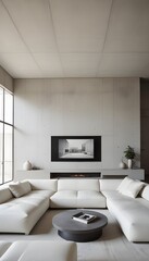 High end modern living room with white leather couch and a large flat screen tv mounted on the wall, brutalist architecture mixed with modern futuristic minimal design