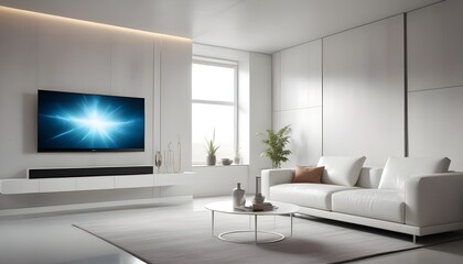 High end modern living room with white leather couch and a large flat screen tv mounted on the wall, brutalist architecture mixed with modern futuristic minimal design