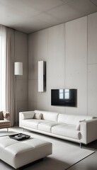Fototapeta premium High end modern living room with white leather couch and a large flat screen tv mounted on the wall, brutalist architecture mixed with modern futuristic minimal design