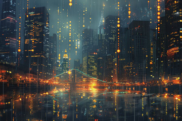 Fototapeta premium Financial chart graph shining in the city with business and blurred night scene in the background.