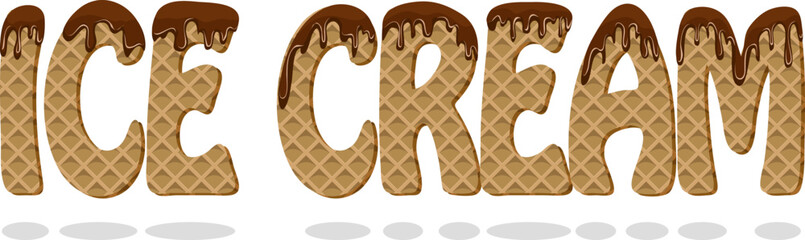 Waffle text with ice cream drips.Vector illustration with waffle text and ice cream drips on a transparent background.