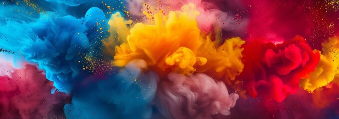 Obraz premium Dramatic visual of blue and red smoke with yellow paint splatters on black, capturing the essence of a vibrant explosion.