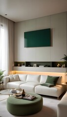 Fototapeta premium High end modern living room with white leather couch and a large flat screen tv mounted on the wall, brutalist architecture mixed with modern futuristic minimal design