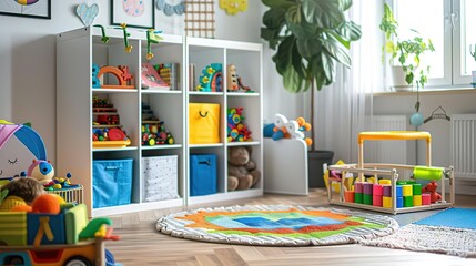 Frontal Angle: A cozy nursery room with a crib, changing table, and rocker, all beautifully arranged with soft colors and cute decorations