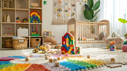Fototapeta premium Frontal Angle: A nursery room decorated with a fairy tale theme, featuring elements like a castle-shaped crib, fairy tale characters on the walls, and soft, magical lighting