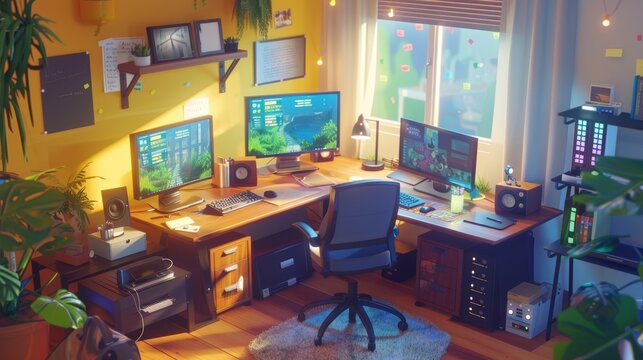 Creative Haven Indie Game Developer's Cozy Workspace with Blank Business Cards Game Art Code on Screens and Action Figures Inspiring and Productive Environment for Designing Unique Games