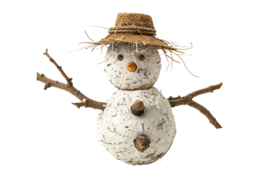 Adorable snowman with a straw hat, twig arms, and button eyes, isolated on white background, perfect for winter and holiday themes.