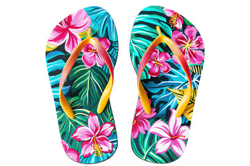 Colorful tropical flip-flops featuring vibrant floral and leaf patterns, perfect for beach or summer activities.