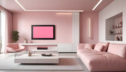 High end modern living room with white leather couch and a large flat screen tv mounted on the wall, brutalist architecture mixed with modern futuristic minimal design