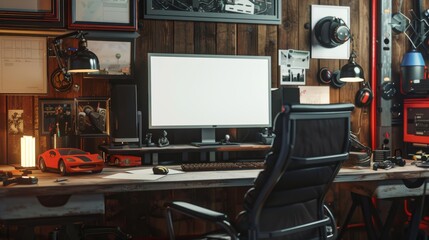 Creative Haven Indie Game Developer's Cozy Workspace with Blank Business Cards Game Art Code on Screens and Action Figures Inspiring and Productive Environment for Designing Unique Games