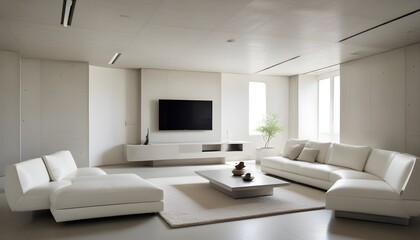 High end modern living room with white leather couch and a large flat screen tv mounted on the wall, brutalist architecture mixed with modern futuristic minimal design