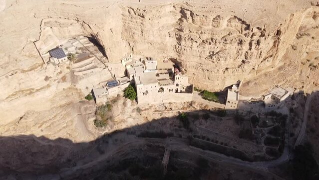 Aerial video above saint george monastery on a sunny day, Israel