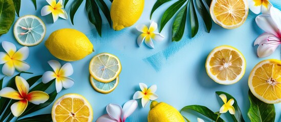 Vibrant yellow lemons and exotic flowers arranged on a serene blue backdrop in a creative flat lay,...