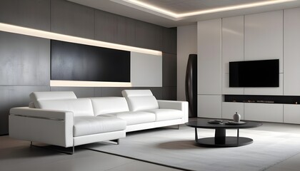 High end modern living room with white leather couch and a large flat screen tv mounted on the wall, brutalist architecture mixed with modern futuristic minimal design
