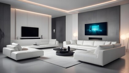 High end modern living room with white leather couch and a large flat screen tv mounted on the wall, brutalist architecture mixed with modern futuristic minimal design