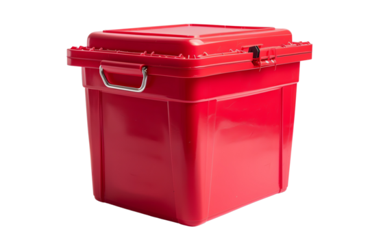 Red plastic storage bin with a secure lid, providing an ideal solution for organizing and safely storing various items in homes or garages.