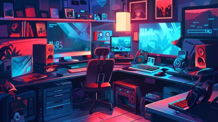 Fototapeta premium Creative Haven Indie Game Developer's Cozy Workspace with Blank Business Cards Game Art Code on Screens and Action Figures Inspiring and Productive Environment for Designing Unique Games