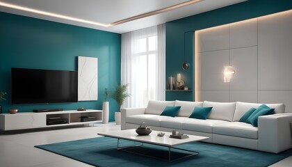 High end modern living room with white leather couch and a large flat screen tv mounted on the wall, brutalist architecture mixed with modern futuristic minimal design