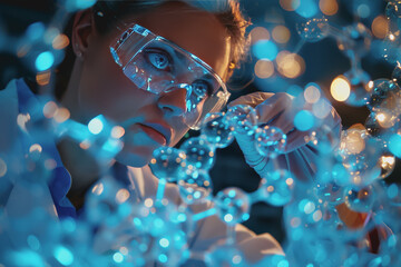 Scientist doctor hand touches virtual molecular structure in the lab.