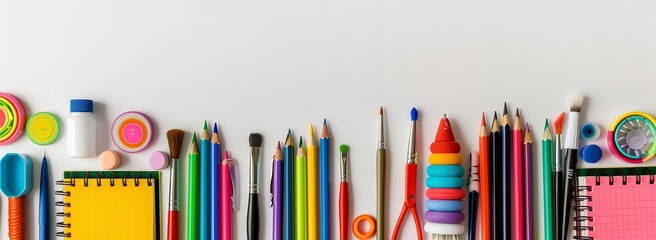 Array of school supplies on a white background, forming an attractive right border. Back to school concept. 