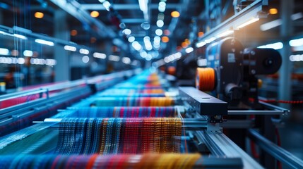 Robotic Hands Handling Colorful Delicate Threads in Modern Textile Factory - High-Tech Looms and Weaving Machines with Copy Space