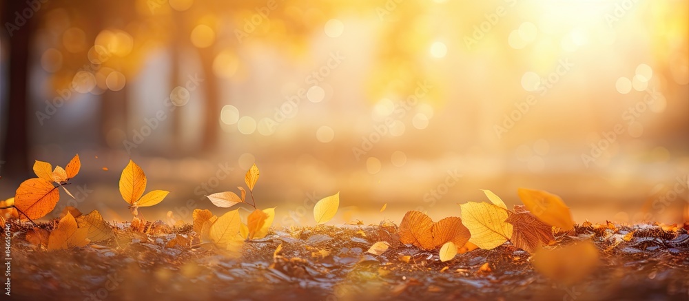 Aufkleber autumn landscape featuring falling yellow leaves with a park bokeh background and sun beams, ideal f
