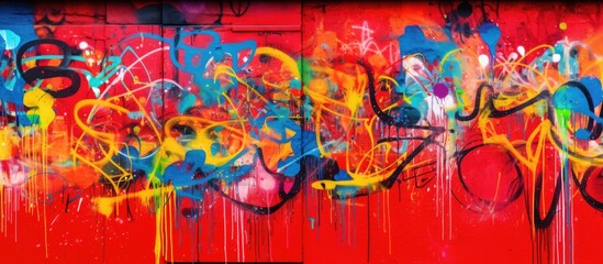 Fototapeta premium Vibrantly colored graffiti adorning a wall offers a captivating close-up of an abstract painting on a red background, ideal for a copy space image.