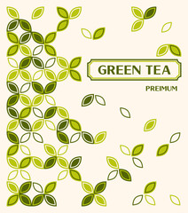 Tea background with scattered icons of tea leaves. Design in abstract flat simple geometric style. For branding, decoration of food package, cover design.
