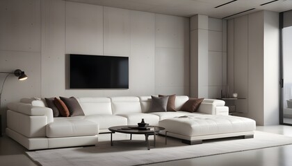 High end modern living room with white leather couch and a large flat screen tv mounted on the wall, brutalist architecture mixed with modern futuristic minimal design