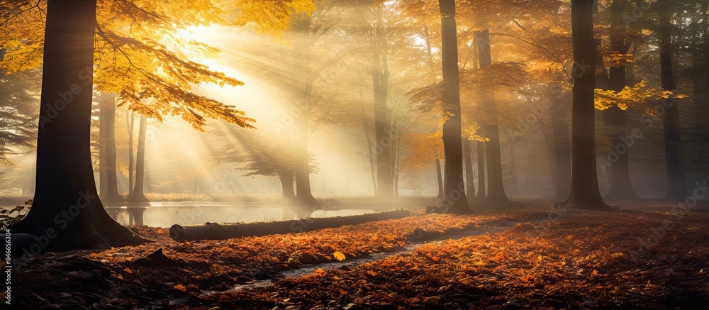 Poster a picturesque autumn forest scene with sunlight filtering through foggy trees, creating a stunning n