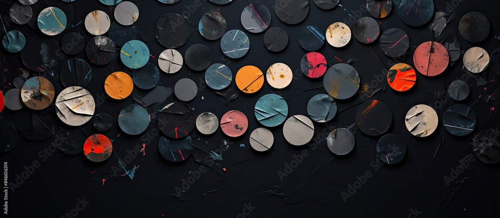 Poster old torn paper pieces, round stickers on a black background for an urban wall poster texture with hi