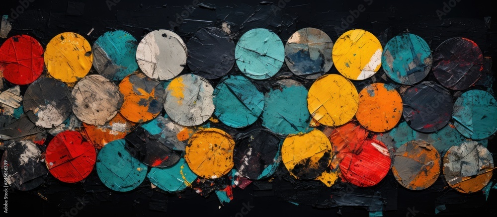 Poster old torn paper pieces, round stickers on a black background for an urban wall poster texture with hi