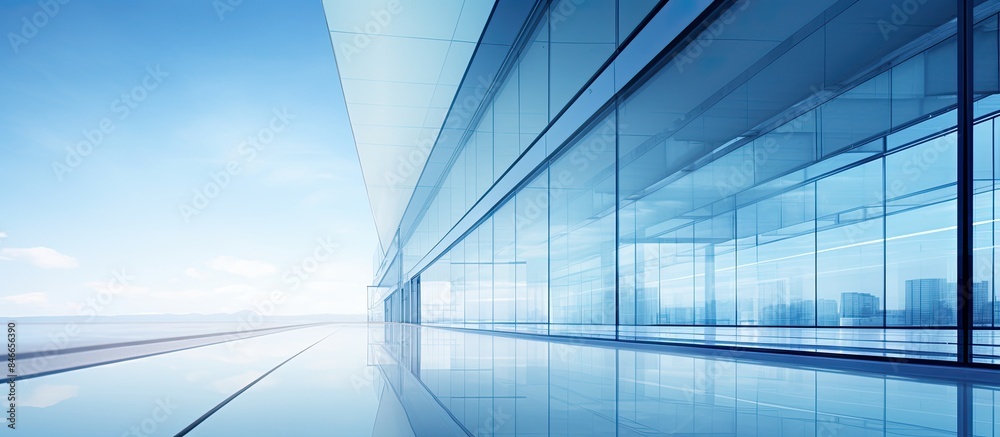 Poster Glass building reflecting blue sky with a structural glass wall and an abstract modern architecture fragment, creating a contemporary architectural background with copy space image.