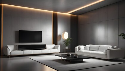 High end modern living room with white leather couch and a large flat screen tv mounted on the wall, brutalist architecture mixed with modern futuristic minimal design