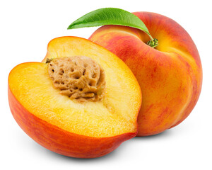 Peach isolated png. Peach with a half on transparent background. PNG format. Peaches with leaf no background. Full depth of field.