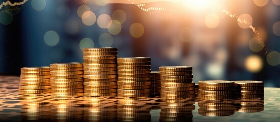 Coin stacks overlaid on a technology financial graph backdrop, ideal for business concepts, financial trends, including cryptocurrency and digital economy, with copy space image.