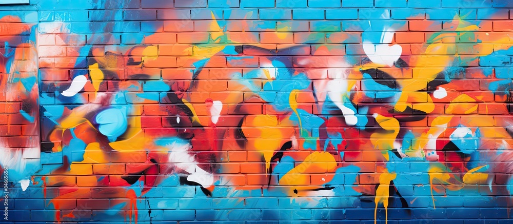 Poster Colorful graffiti fragment on brick wall, creating abstract texture ideal for design with copy space image.