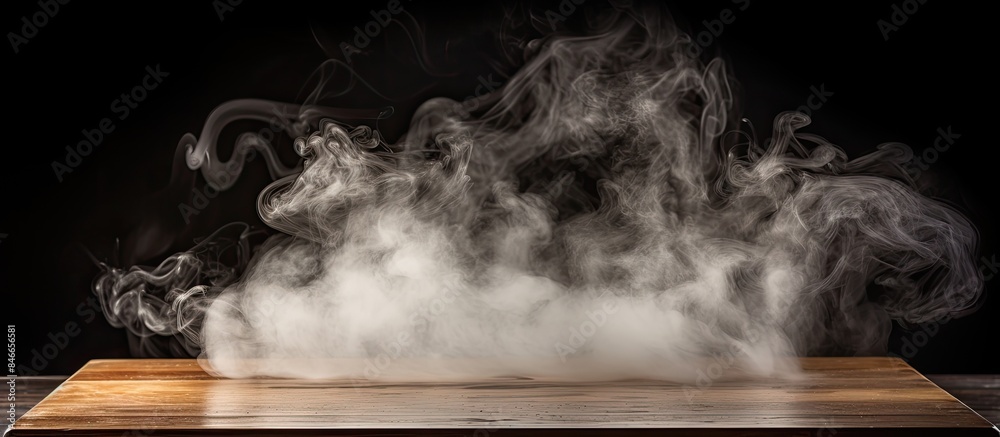 Aufkleber wooden table with smoke rising against dark backdrop, ideal for displaying products, with empty copy