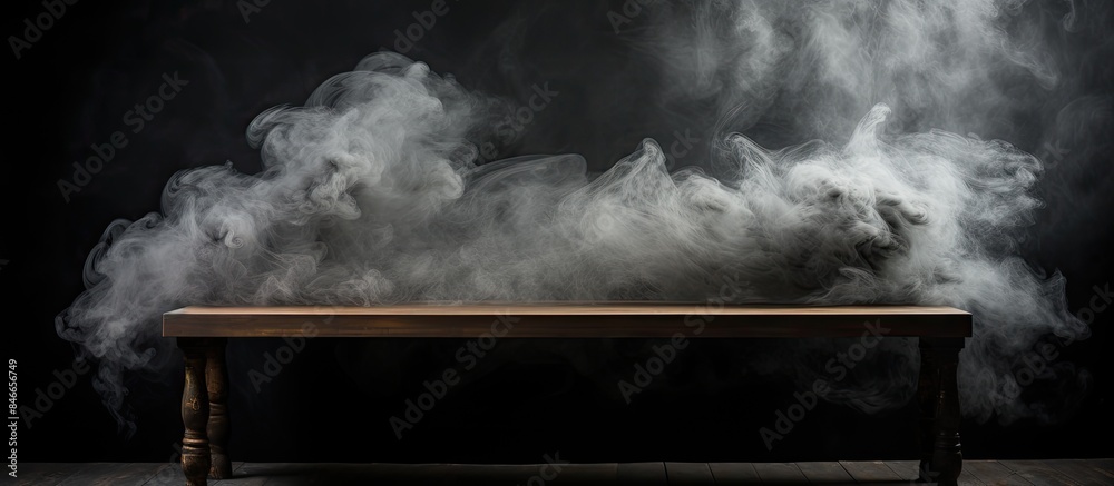 Poster wooden table with smoke rising against dark backdrop, ideal for displaying products, with empty copy