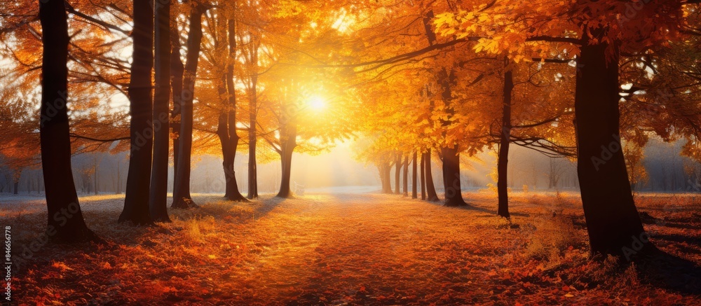 Aufkleber in a golden autumn forest, vibrant warm colors of deciduous trees are illuminated by enchanting sun 