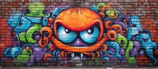 Obraz premium Fragment of street art graffiti on weathered brick wall featuring a menacing octopus face, colorful abstract design, unwritten letters, and a cartoon character, ideal for a copy space image.