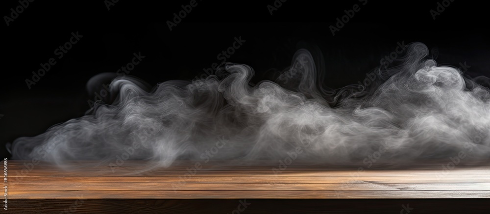 Poster wooden table with smoke rising against dark backdrop, ideal for displaying products, with empty copy