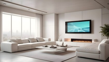 High end modern living room with white leather couch and a large flat screen tv mounted on the wall, brutalist architecture mixed with modern futuristic minimal design